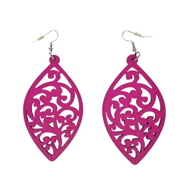 Wooden Filigree Teardrop Dangle Earrings Purple - Picture 2 of 2